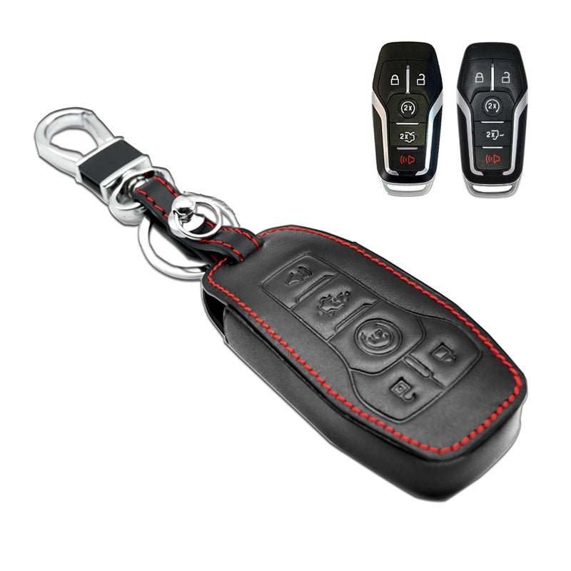 MECHCOS Compatible with Ford Edge Expedition Explorer Fusion Mustang F-150 F-250 F-350 F-450 Super Duty Lincoln MKC MKX MKZ Nautilus Key Fob Cover Case Leather Shell Key Chain Protector - Image 1